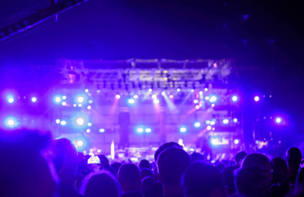 En la fotografía se ve una multitud en frente de un escenario, se puede ver que es de noche y están ambientados con unas luces color neón